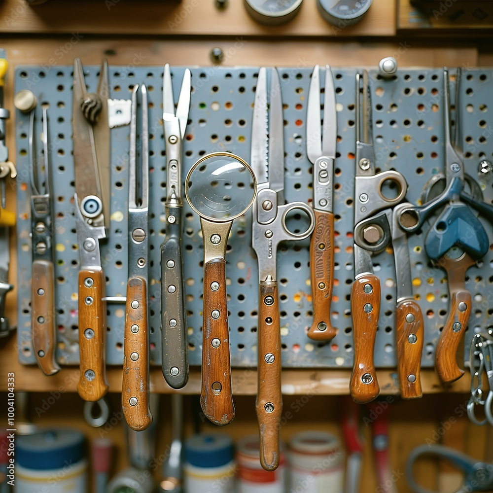 Wall mural a collection of knives and scissors hanging on a pegboard