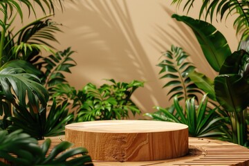 Obraz premium A wooden table surrounded by lush greenery and a wall, perfect for a cozy reading nook or office decor