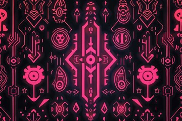 A dark background featuring various colorful symbols and shapes in shades of pink and black