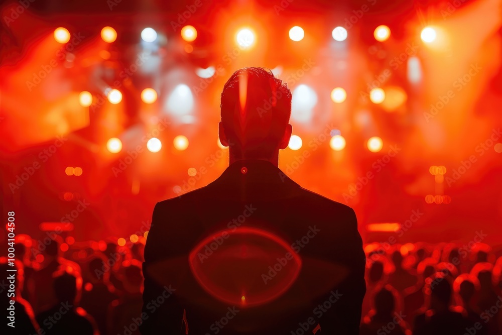 Poster a man standing in the crowd at a live music event, surrounded by people enjoying the show