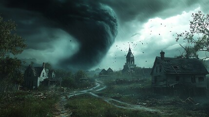 Fototapeta premium A violent tornado sweeping through a rural town, ripping apart houses and trees, dark clouds swirling above