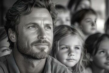 Obraz premium A bearded man surrounded by a group of smiling children, engaging in a joyful outdoor activity together.