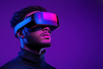 Man wearing VR headset in purple lighting, futuristic