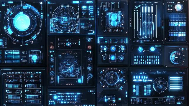A grid of futuristic screens with blue glowing interfaces, reminiscent of a spaceship control panel