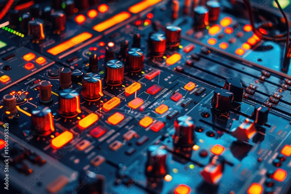 Poster A detailed view of a sound board with multiple knobs and controls