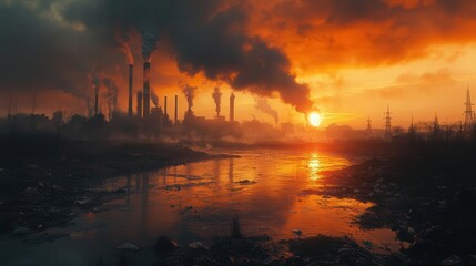 Fototapeta premium chaotic urban landscape depicting pollution and waste with factories and smoke rising against a dreary sky highlighting the stark realities of environmental challenges