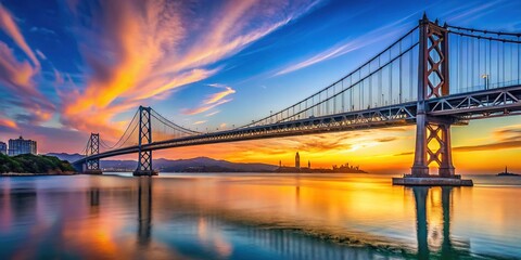 Majestic Bay Bridge Spanning Tranquil Waters Under Clear Blue Skies at Sunset in Urban Landscape