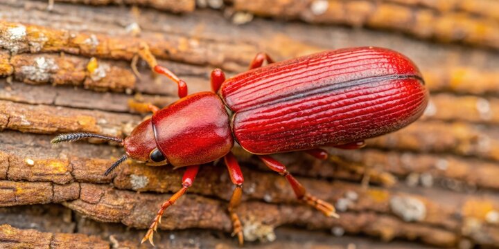 Macro close-up of vibrant red flat bark beetle cucujus clavipes on tree bark in forest nature habitat with copy space for entomology research