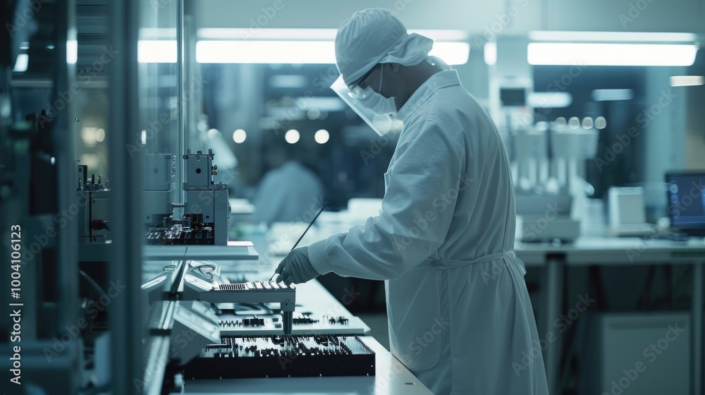 Poster a man in a lab coat is tinkering with electronic components