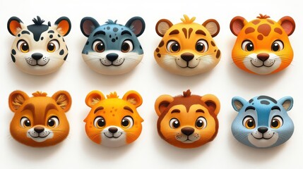Fototapeta premium charming collection of whimsical cartoon animal faces each uniquely designed and set against a clean white backdrop evoking joy and playfulness
