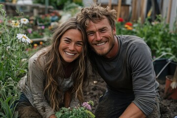 Fototapeta premium A joyful couple with dirt-covered clothes and hands, happily tending to plants in a flower-filled garden, showing their love for gardening and nature's beauty.