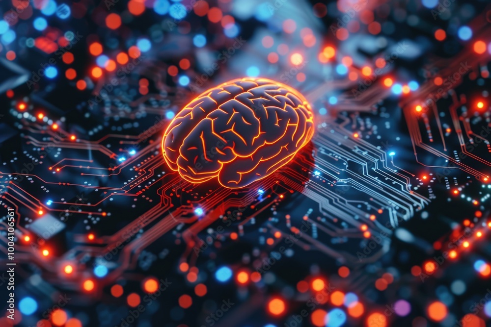 Poster A futuristic computer circuit with a bright glowing brain component, ideal for tech-related illustrations and designs