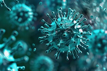 Coronavirus covid 19 virus spikes floating on green background microscopic view
