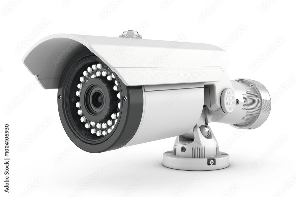 Poster a white surveillance camera on a plain white background, suitable for use in security or technology 