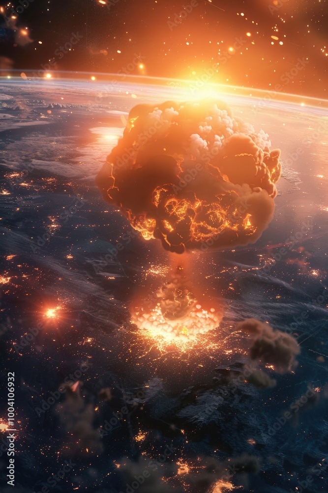 Poster explosion in space with bright light and debris, suitable for astronomy or sci-fi themes