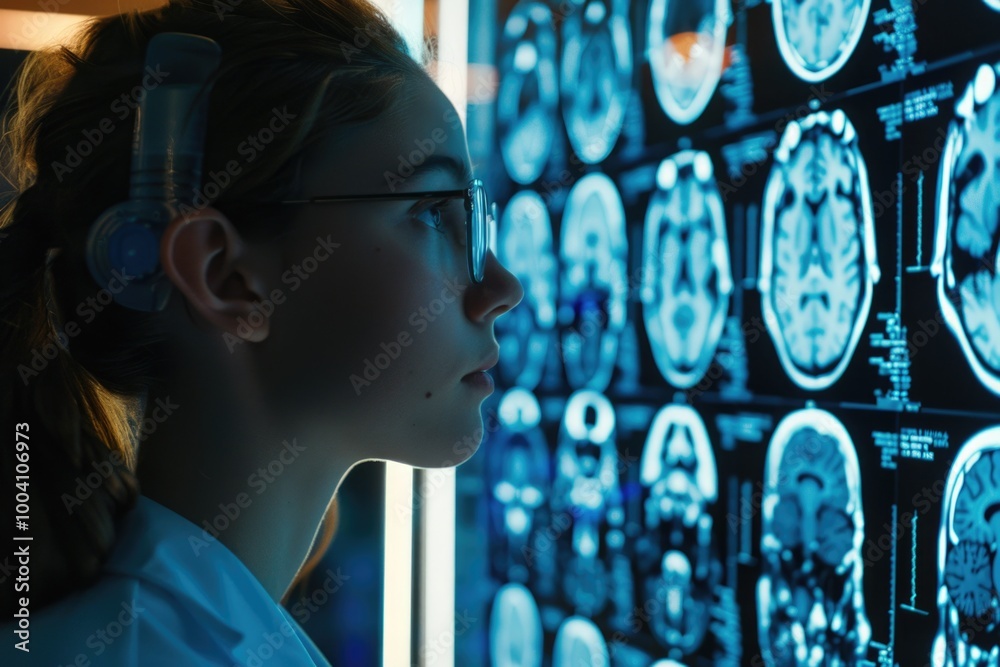Poster a scientist studying medical imaging data with a lab coat and glasses, possibly diagnosing or resear