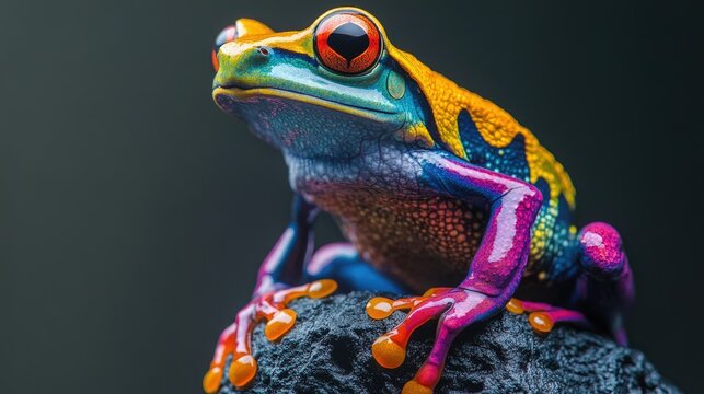 A vibrant-colored frog perched on a monochrome backdrop, creating contrast that draws attention to its form.