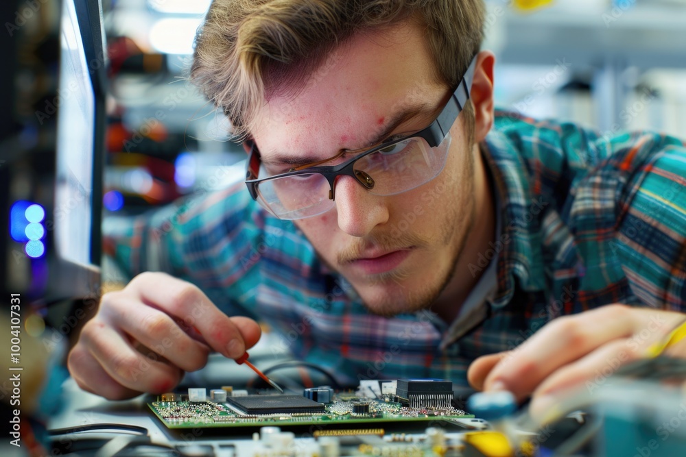 Poster a person repairs a computer motherboard with various components and tools