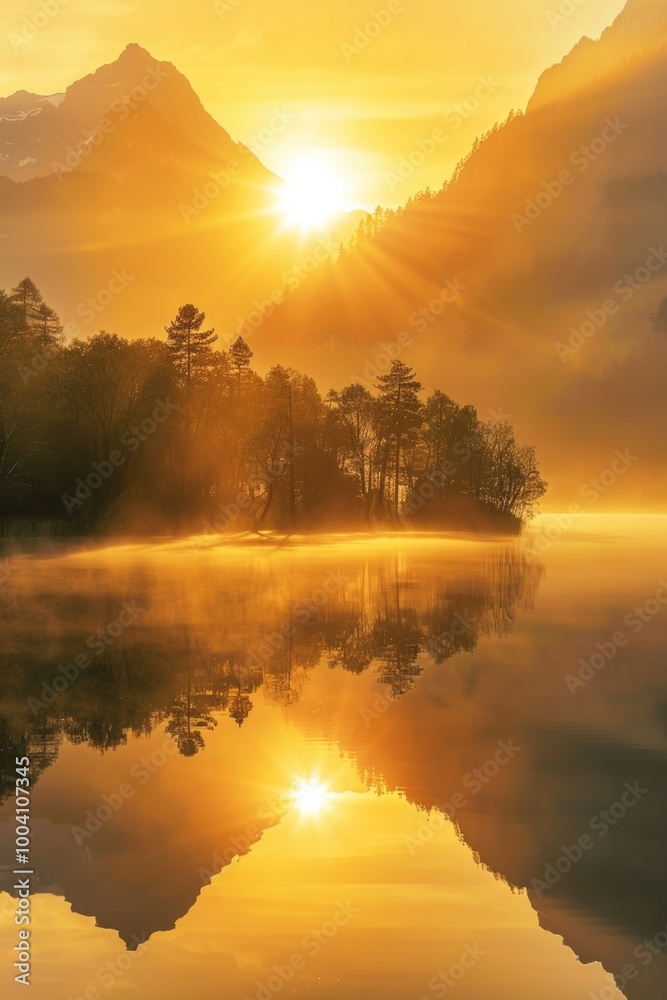 Poster sunset scene over a lake and mountains with calm waters and reflection
