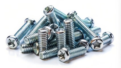Isolated stack of zinc-plated screws on a white background for industrial projects