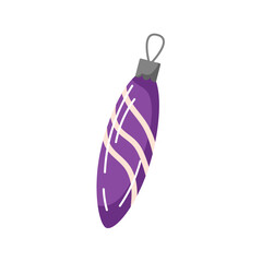 Purple elongated Christmas ornament with soft pink wavy line. Shiny Christmas ball with metallic loop at the top for hanging. Design for adding sophisticated touch to holiday decoration. Cartoon