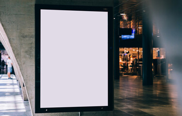 Clear Billboard in public place with blank copy space screen for advertising or promotional poster content, empty mock up Lightbox for information, blank display in station area with daylight