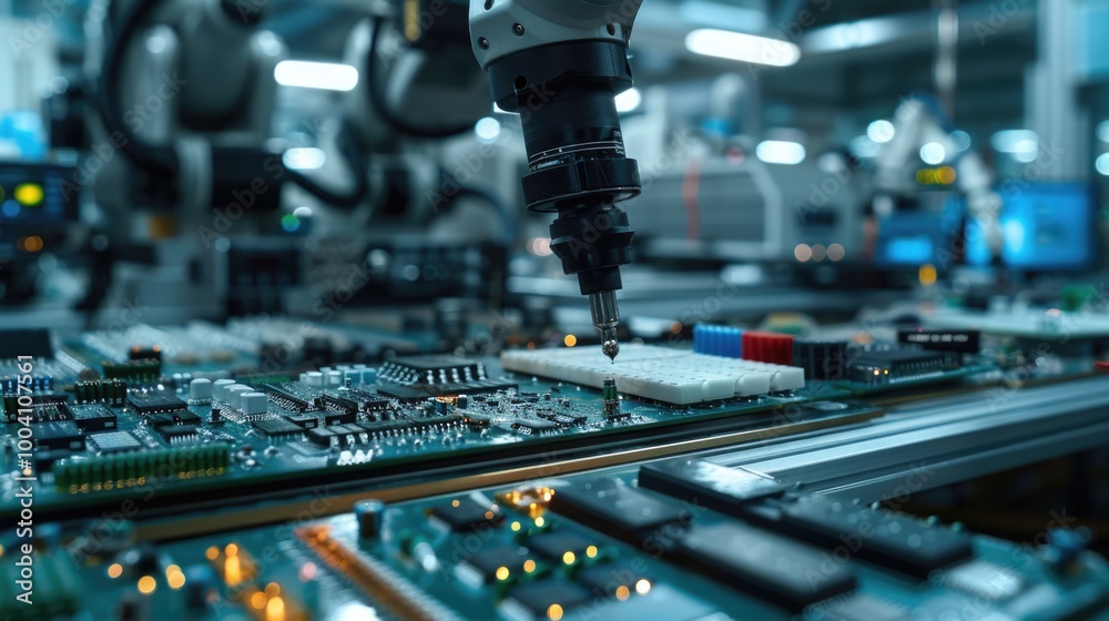 Poster A close-up shot of a machine processing a circuit board, highlighting the details and intricacies of the electronics