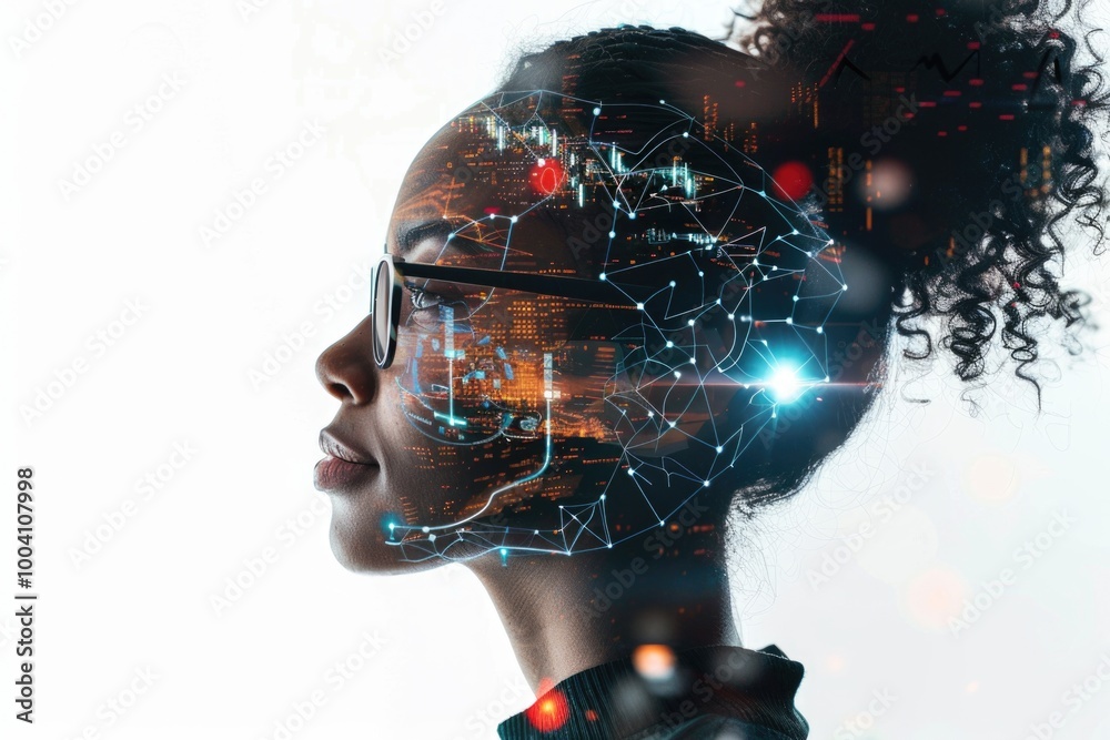 Poster a woman with advanced facial features stands in front of a cityscape, providing a unique perspective