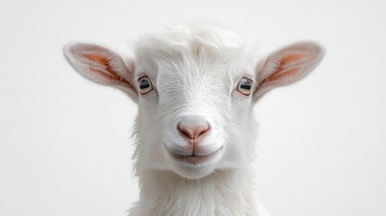 Obraz premium charming white goat with playful expression attempting to kiss the camera set against a simple white background that emphasizes its humorous and endearing nature