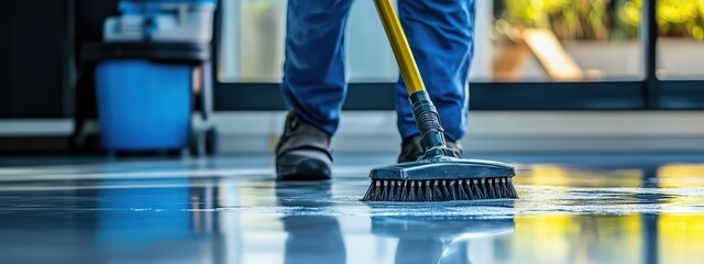 A man in blue work overalls mops the floor with a black mop. A janitor in an office mopping the floor