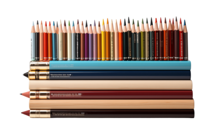 Collection of box of pencils and stack of books, studio view, isolated on white background.