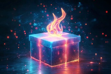 A glowing gift box with a glowing flame icon rising, flickering.