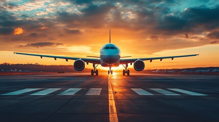 A plane is taxiing on the runway at sunset.