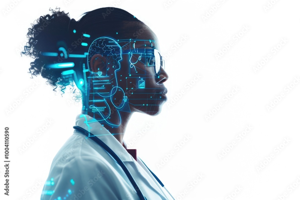 Poster scientist wearing a lab coat with a virtual interface on her face, perfect for technology and innova