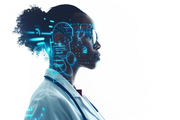 Scientist wearing a lab coat with a virtual interface on her face, perfect for technology and innovation concepts