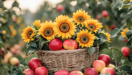 Basket full of apples and sunflowers standing in an orchard