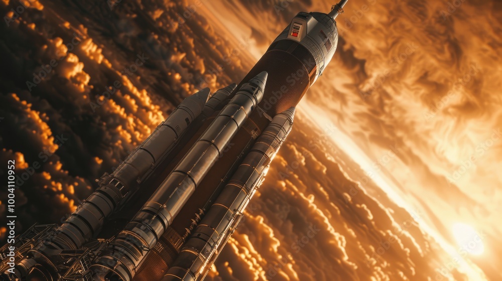 Poster a spacecraft soaring through a cloudy atmosphere, ideal for use in scenes about space travel, techno