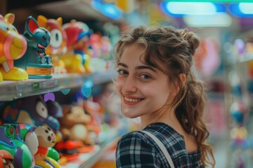 A happy child browsing toys in a store