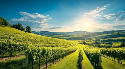 Fototapeta premium Picturesque Vineyard Landscape with Lush Green Vines Under a Sunny Sky