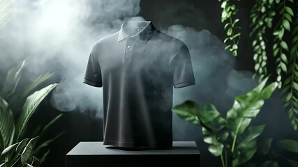 A contemporary 3D polo shirt mock-up set on a black podium, with light smoke providing a subtle, yet impactful visual enhancement to the overall presentation
