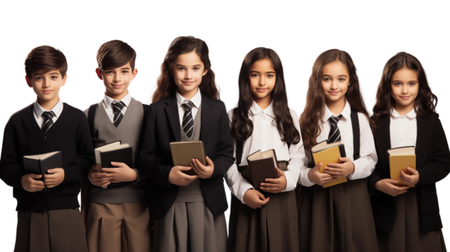 Collection of school boys and girls from different ethnicities holding notebooks, studio view, isolated on white background.