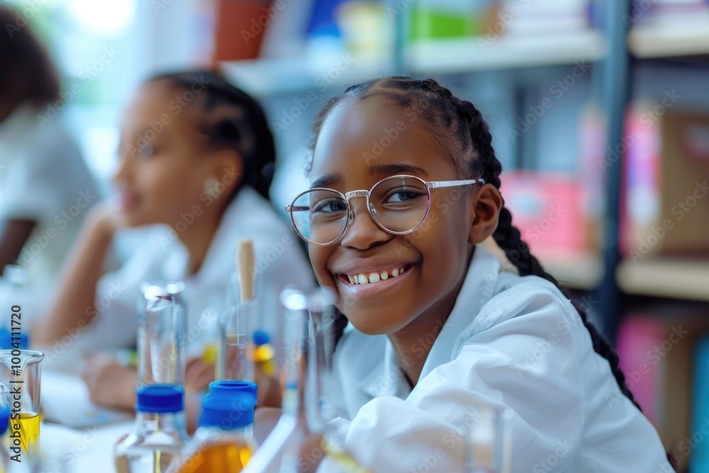 Poster a group of young girls working together at a table in a laboratory environment, ideal for use in edu