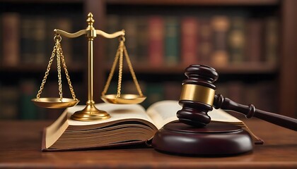 Judicial system and legal practice presented by a legal book with justice scale and gavel in a law library