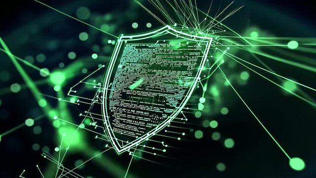 A dynamic digital shield surrounded by swirling green light, symbolizing the continuous safeguarding of information in a secure online environment