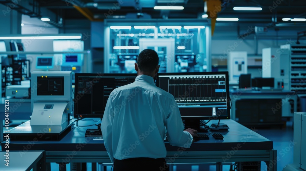 Poster a person sitting at a desk with a computer, ideal for office or technology-related concepts