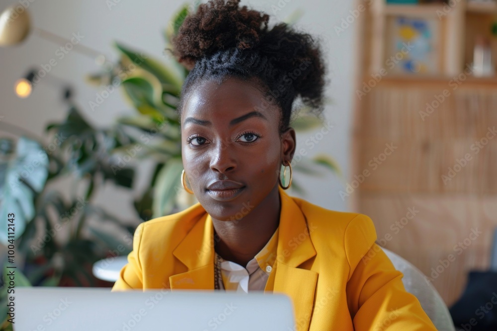 Poster a woman sits in front of a laptop with a focused expression, surrounded by minimal decor