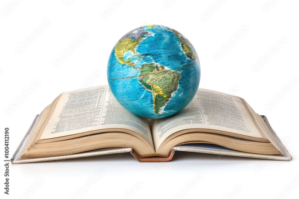 Poster an open book with a globe on top, perfect for education and learning