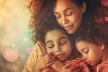 Obraz premium A mother comforts her two young children in a warm embrace
