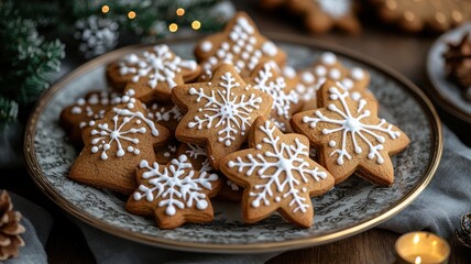 Plate of Festive Gingerbread Cookies with Icing, Christmas Baking Concept