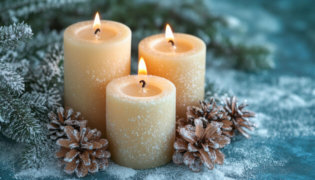 Three lit candles burning among pine cones and evergreen branches covered in snow